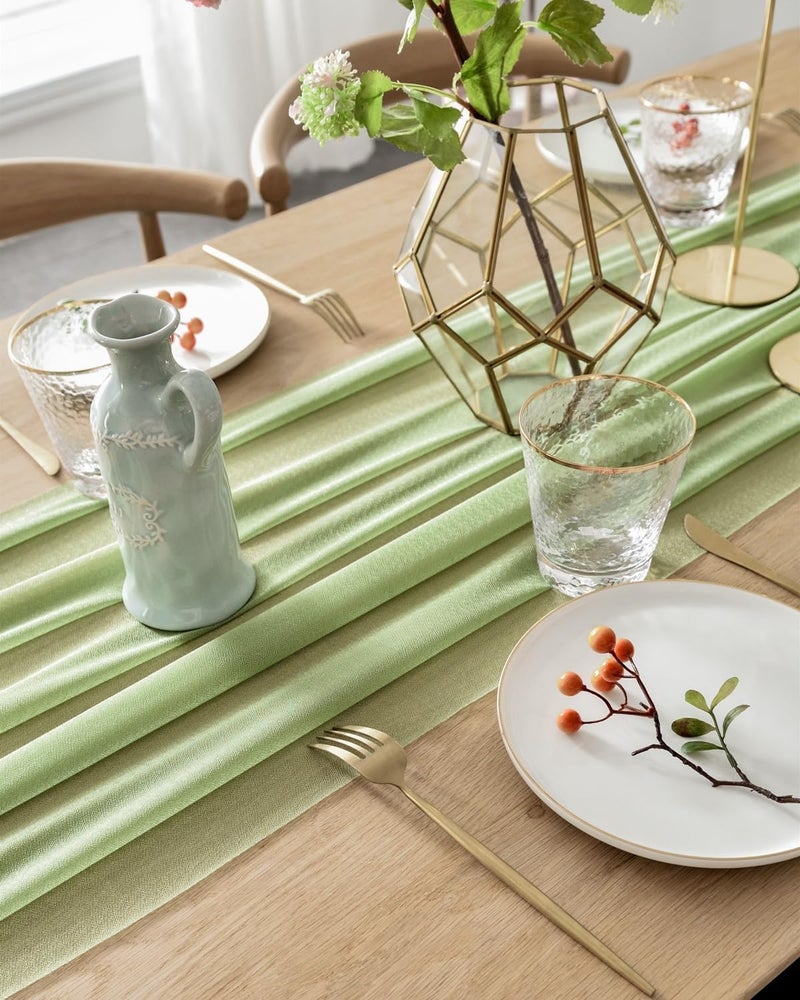 BOXAN Elegant 30x120 Inch Sage Green Sheer Table Runner 10Ft Chiffon Like Overlay for Bohemian Woodland Greenery Wedding Shower Party Decor, Chic Spring Summer Party Saint Patricks Day Supplies - Image 4